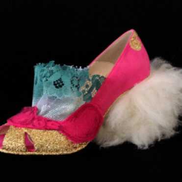 Juliet & the Forbidden Games Shoes #16, 2013, lace, glitter, felt and sheep fur on leather shoes, unique piece