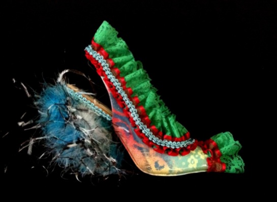 Bastardisation #5, 2014, spray paint, fur and fabric decoration on open toe décolleté shoes, size n37, unique piece