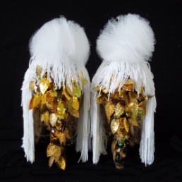 Cheaper Fast Love #1, gold leaf, silk fringes, tulle and hand-sewn sequins on leather shoes, 2015, n39 unique piece